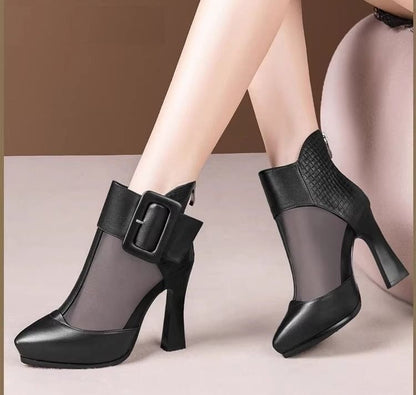 Platform Boots Mesh Toe Panel Pointed Buckled Short