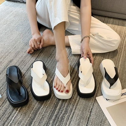 Leather Flip-Flops Faux Platform