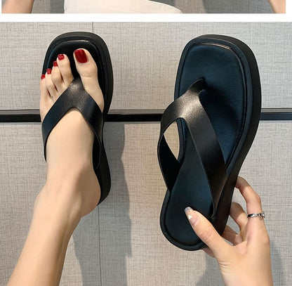 Leather Flip-Flops Faux Platform