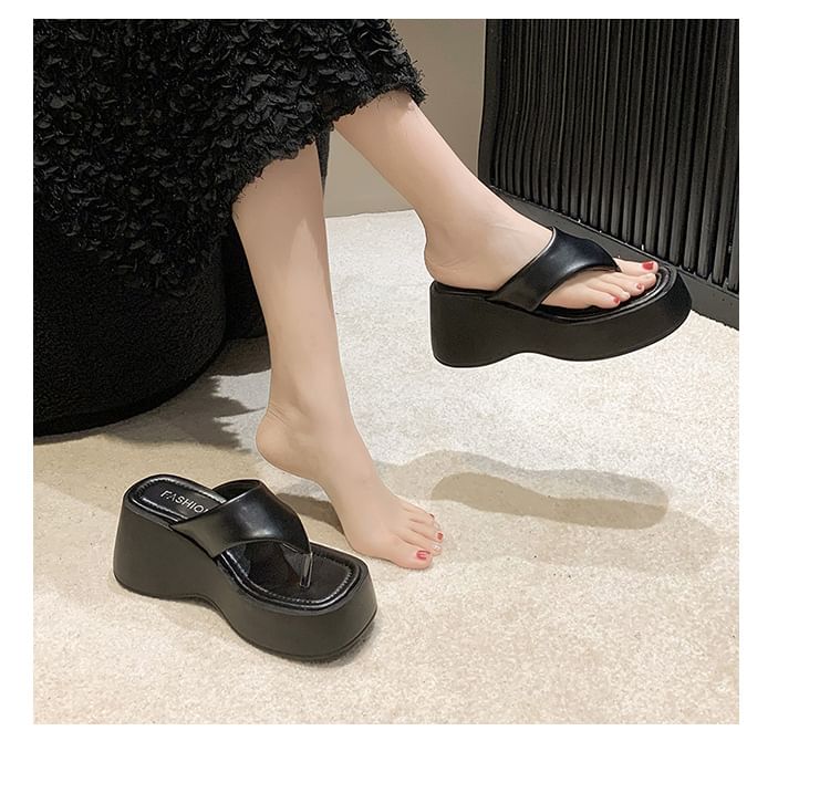 Platform Flip-Flops Wedge Plain Leather Faux