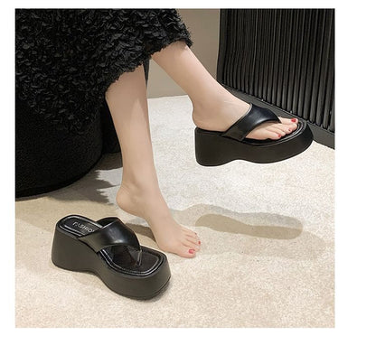 Platform Flip-Flops Wedge Plain Leather Faux