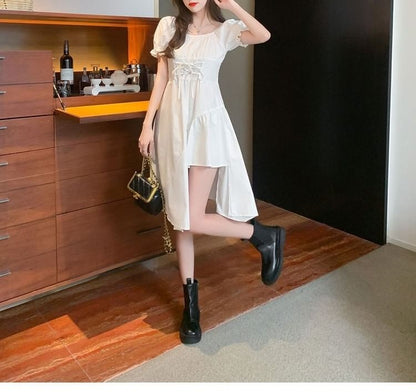 Neck Asymmetrical A-Line Short-Sleeve Dress Plain Square