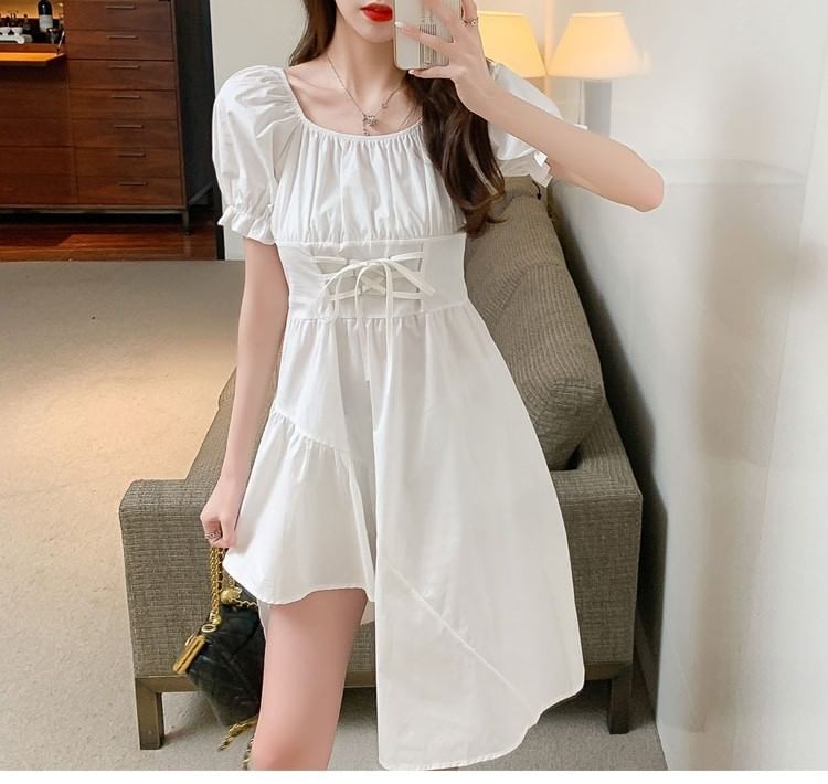 Neck Asymmetrical A-Line Short-Sleeve Dress Plain Square