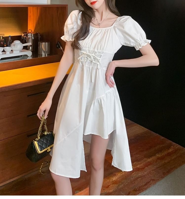 Neck Asymmetrical A-Line Short-Sleeve Dress Plain Square