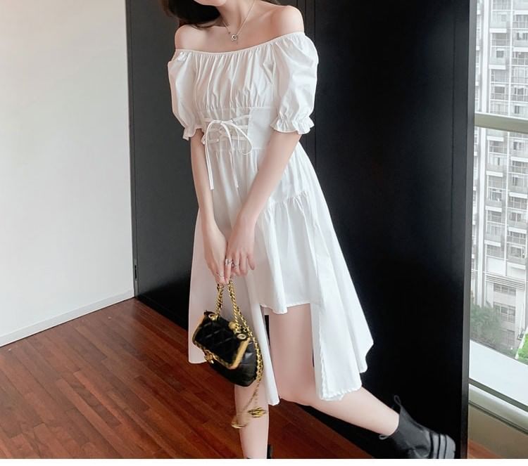 Neck Asymmetrical A-Line Short-Sleeve Dress Plain Square