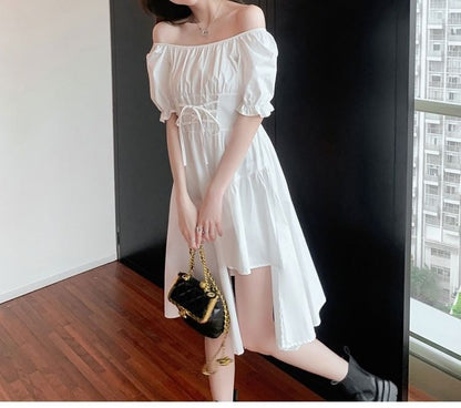 Neck Asymmetrical A-Line Short-Sleeve Dress Plain Square