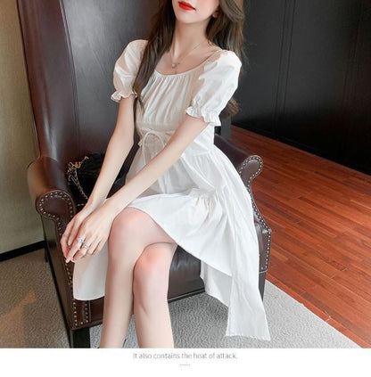 Neck Asymmetrical A-Line Short-Sleeve Dress Plain Square