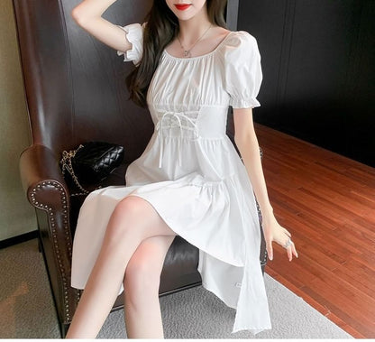 Neck Asymmetrical A-Line Short-Sleeve Dress Plain Square