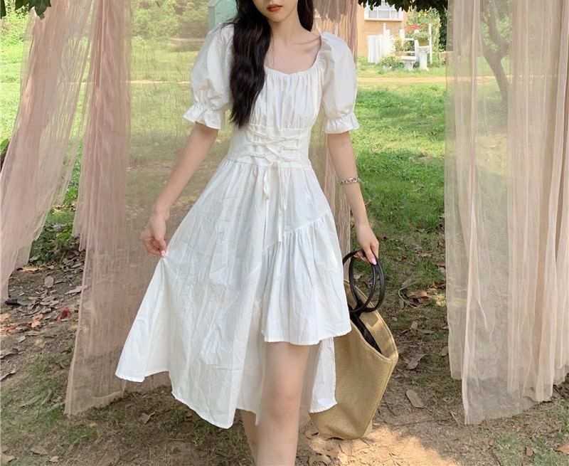 Neck Asymmetrical A-Line Short-Sleeve Dress Plain Square