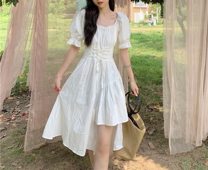 Neck Asymmetrical A-Line Short-Sleeve Dress Plain Square