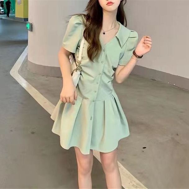 Button-Up Short-Sleeve V-Neck A-Line Dress Mini Plain