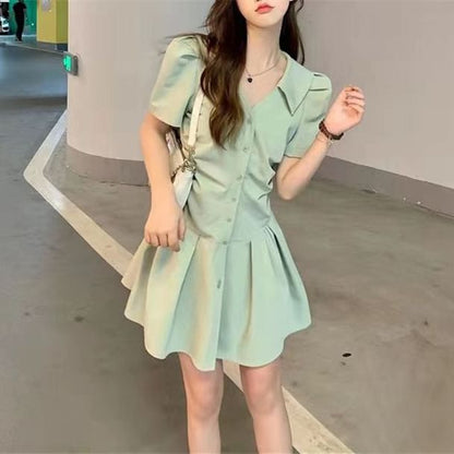 Button-Up Short-Sleeve V-Neck A-Line Dress Mini Plain
