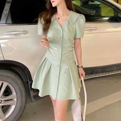 Button-Up Short-Sleeve V-Neck A-Line Dress Mini Plain