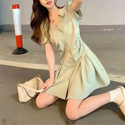 Button-Up Short-Sleeve V-Neck A-Line Dress Mini Plain