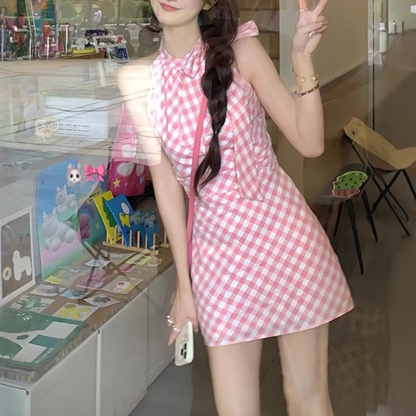 Sleeveless Dress Plaid Mini A-Line