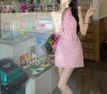 Sleeveless Dress Plaid Mini A-Line