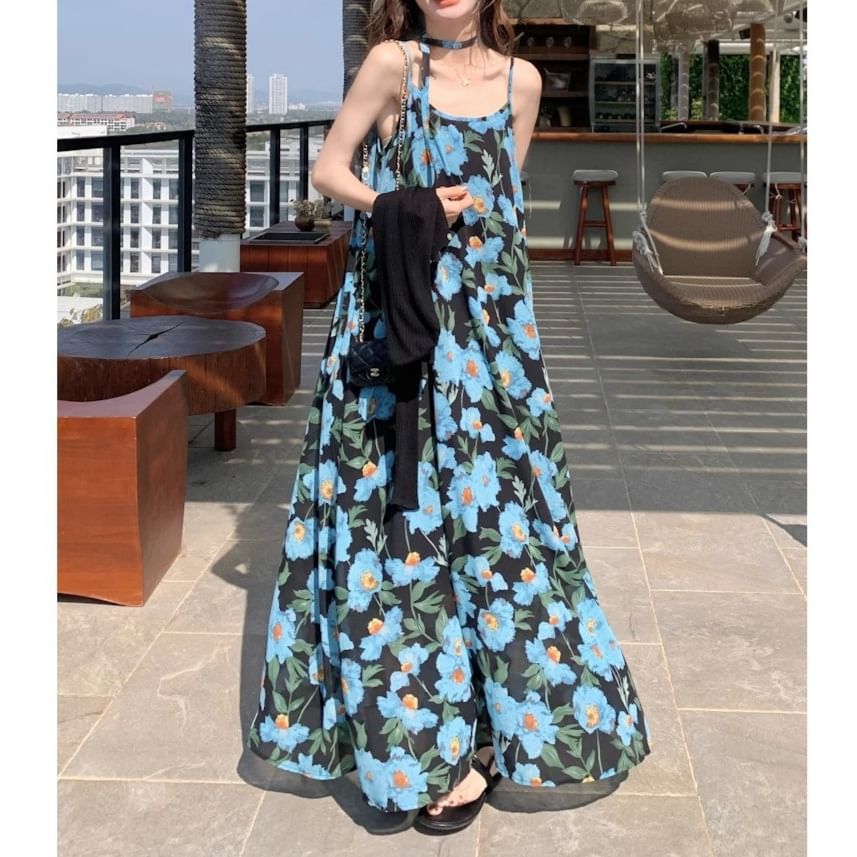 Print Scoop Strap Spaghetti Neck Floral Maxi A-Line Dress