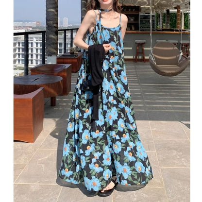 Print Scoop Strap Spaghetti Neck Floral Maxi A-Line Dress