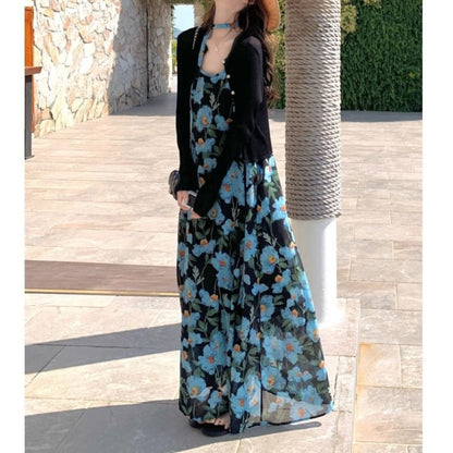 Print Scoop Strap Spaghetti Neck Floral Maxi A-Line Dress