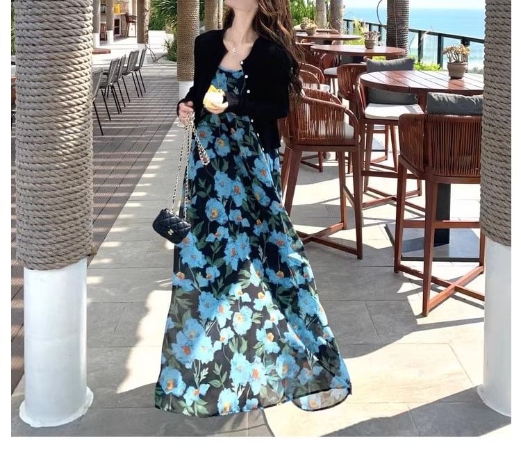 Print Scoop Strap Spaghetti Neck Floral Maxi A-Line Dress