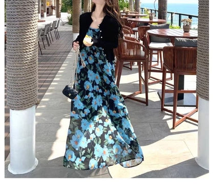 Print Scoop Strap Spaghetti Neck Floral Maxi A-Line Dress