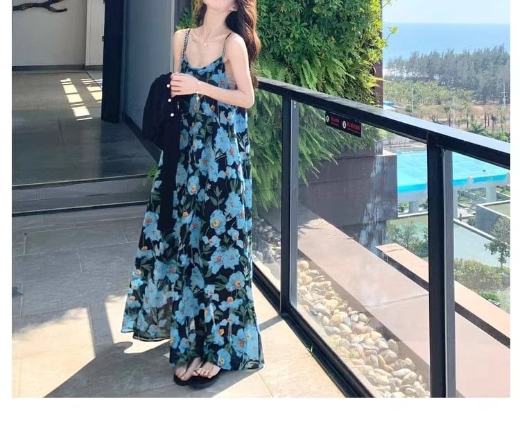 Print Scoop Strap Spaghetti Neck Floral Maxi A-Line Dress