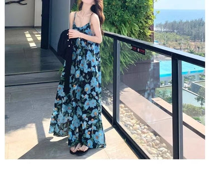Print Scoop Strap Spaghetti Neck Floral Maxi A-Line Dress