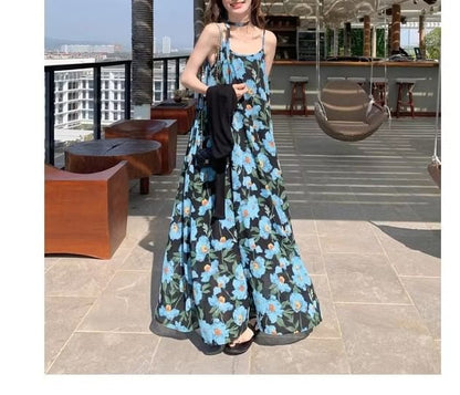 Print Scoop Strap Spaghetti Neck Floral Maxi A-Line Dress