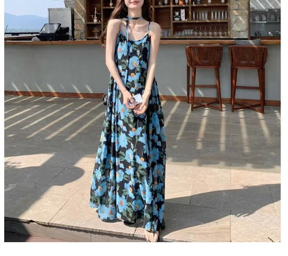 Print Scoop Strap Spaghetti Neck Floral Maxi A-Line Dress