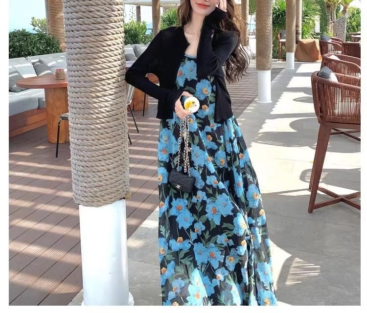 Print Scoop Strap Spaghetti Neck Floral Maxi A-Line Dress