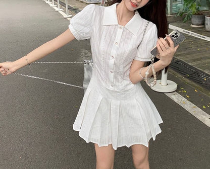 Short-Sleeve Mini Plain Dress Pleated Shirt