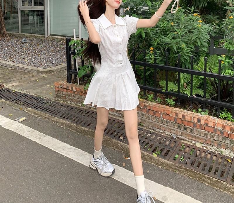 Short-Sleeve Mini Plain Dress Pleated Shirt