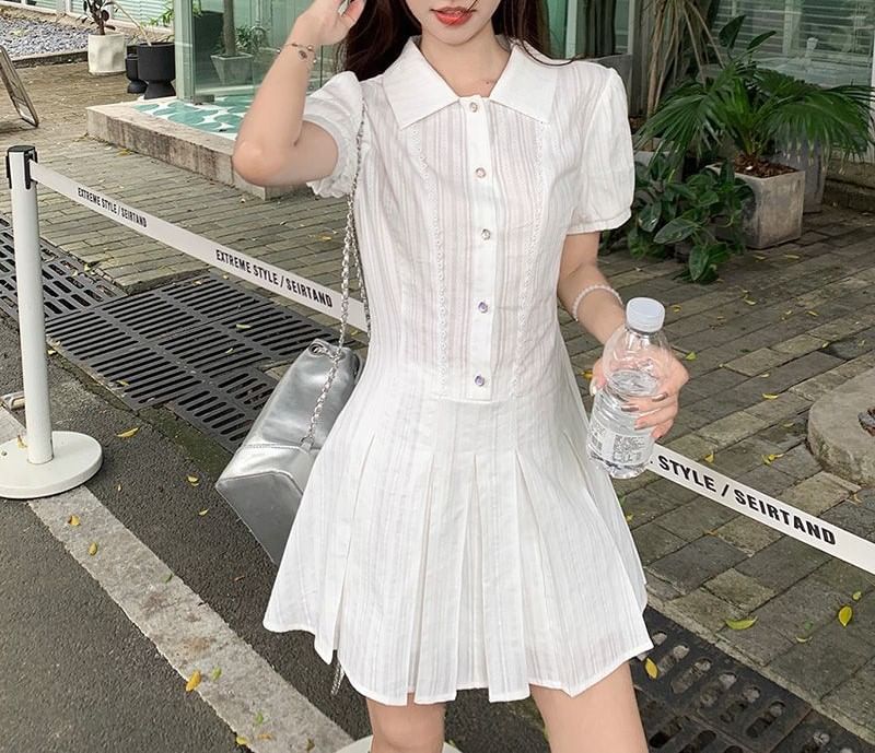 Short-Sleeve Mini Plain Dress Pleated Shirt