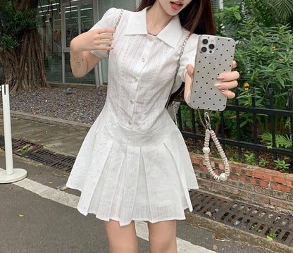 Short-Sleeve Mini Plain Dress Pleated Shirt