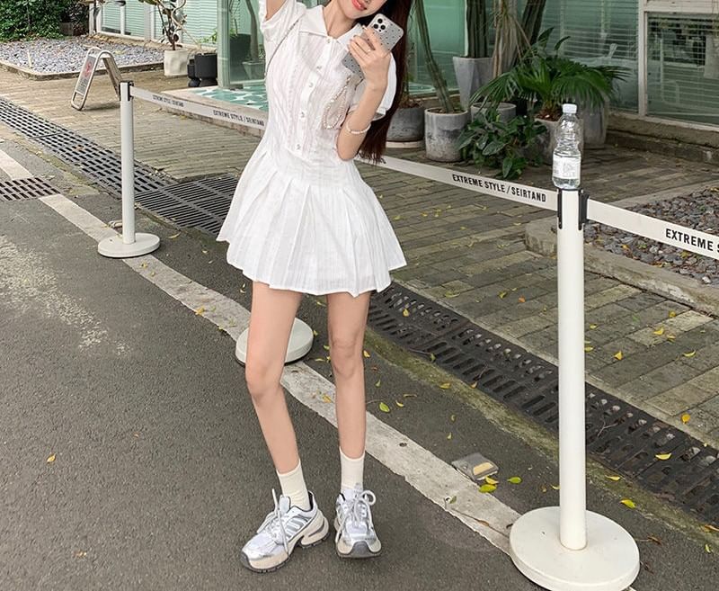 Short-Sleeve Mini Plain Dress Pleated Shirt