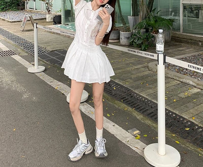 Short-Sleeve Mini Plain Dress Pleated Shirt
