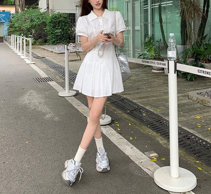 Short-Sleeve Mini Plain Dress Pleated Shirt