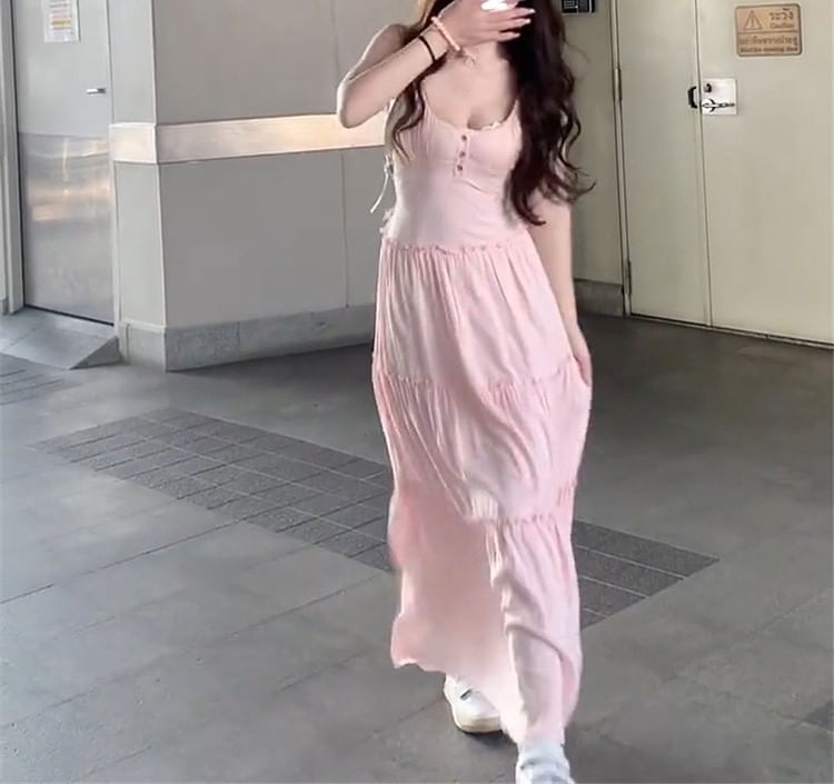 Plain A-Line Strap Maxi Neck Spaghetti Dress Scoop