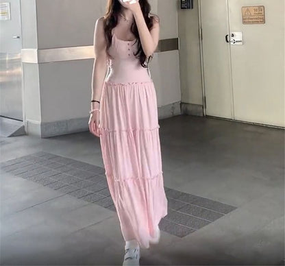 Plain A-Line Strap Maxi Neck Spaghetti Dress Scoop