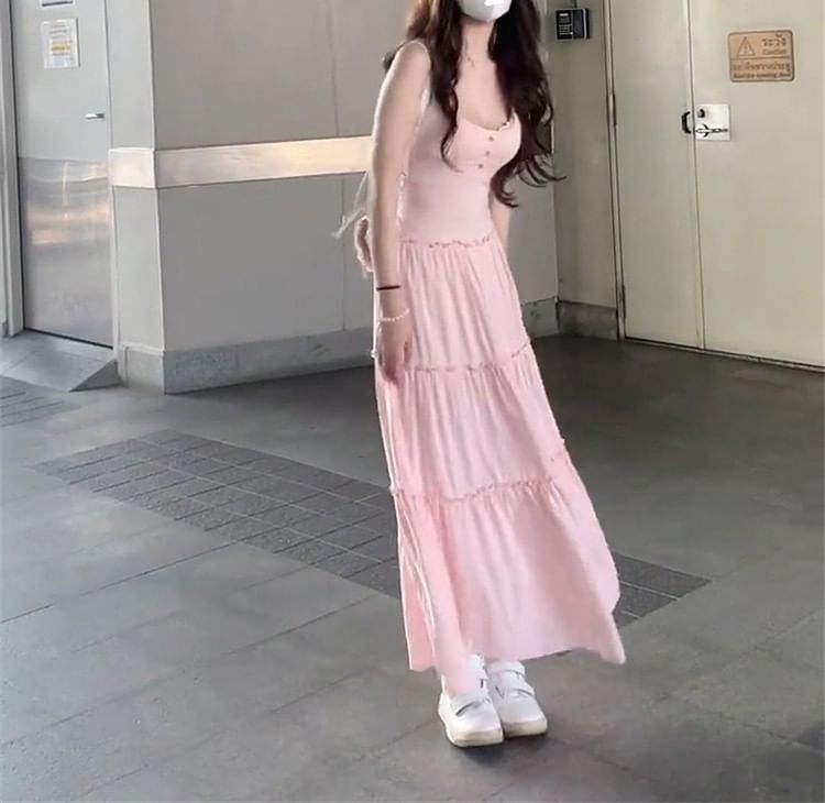 Plain A-Line Strap Maxi Neck Spaghetti Dress Scoop