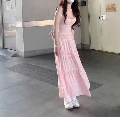 Plain A-Line Strap Maxi Neck Spaghetti Dress Scoop