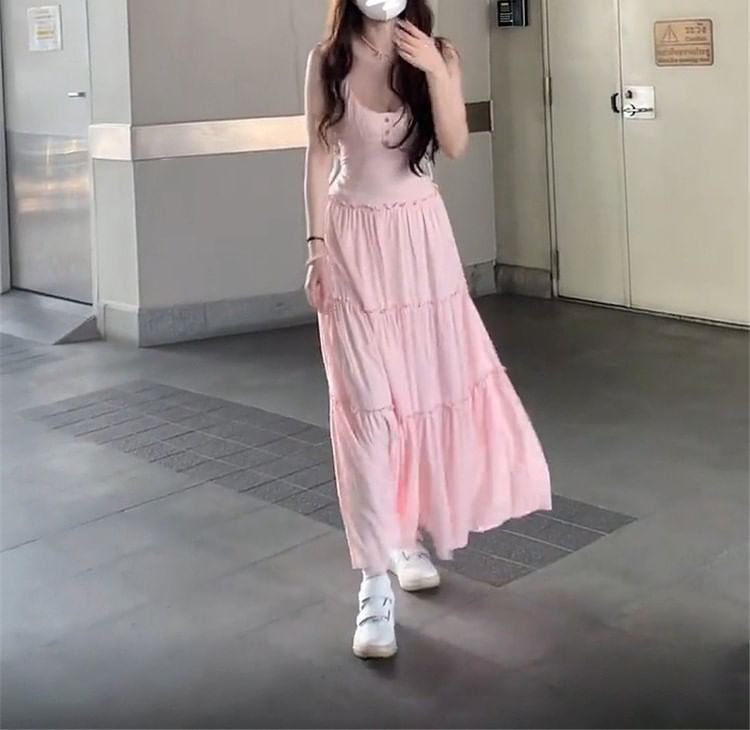 Plain A-Line Strap Maxi Neck Spaghetti Dress Scoop