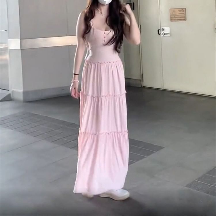 Plain A-Line Strap Maxi Neck Spaghetti Dress Scoop