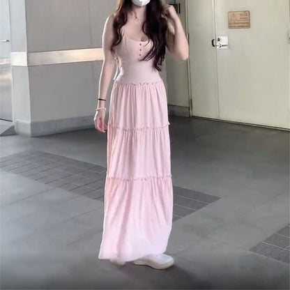 Plain A-Line Strap Maxi Neck Spaghetti Dress Scoop