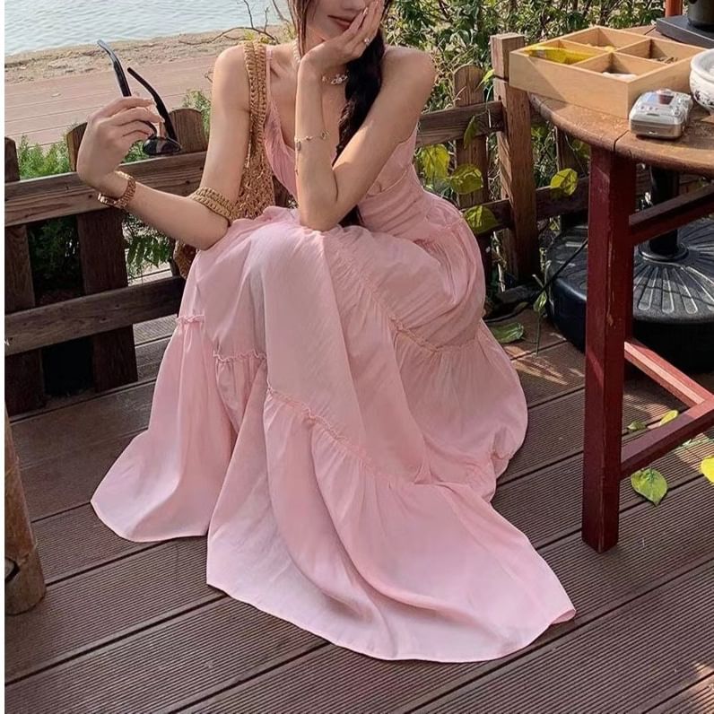 Plain A-Line Strap Maxi Neck Spaghetti Dress Scoop