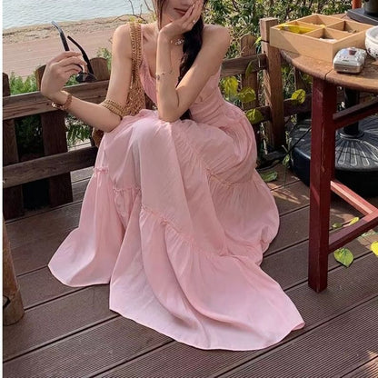 Plain A-Line Strap Maxi Neck Spaghetti Dress Scoop