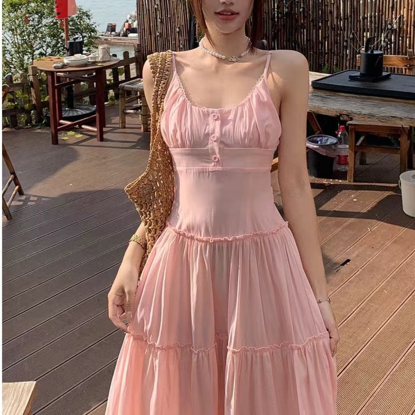 Plain A-Line Strap Maxi Neck Spaghetti Dress Scoop