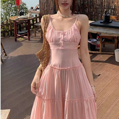 Plain A-Line Strap Maxi Neck Spaghetti Dress Scoop