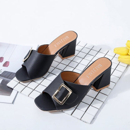 Chunky Slide Buckled Heel Sandals