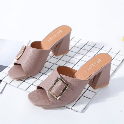 Chunky Slide Buckled Heel Sandals